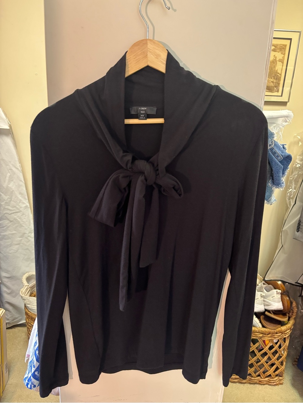 Jcrew Black Long-Sleeve Bow Tie Neck Jersey Blouse XS